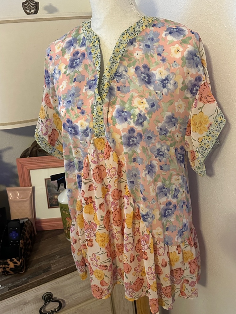 Umgee Pastel Floral Split-Neck Blouse in Pink, Blue, Yellow